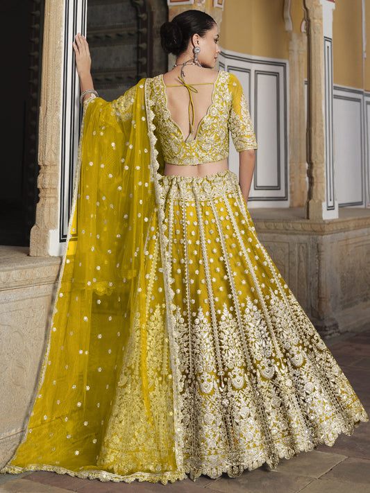 Pure Butterfly Net Semi-Stitched Lehenga Choli In Yellow color-91073