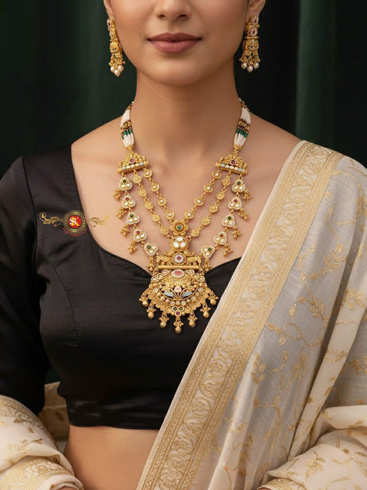 Women Antique Brass Kundan Rani Haar Necklace Jewelry Set -20221