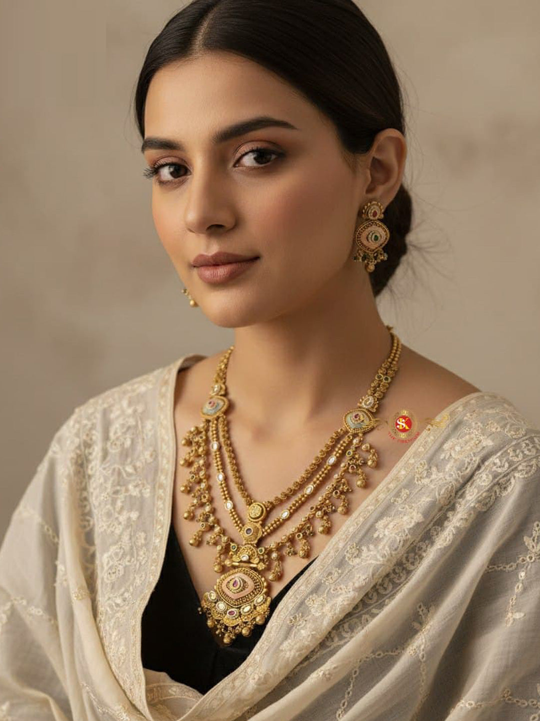 Women Antique Brass Kundan Rani Haar Necklace Jewelry Set -20222