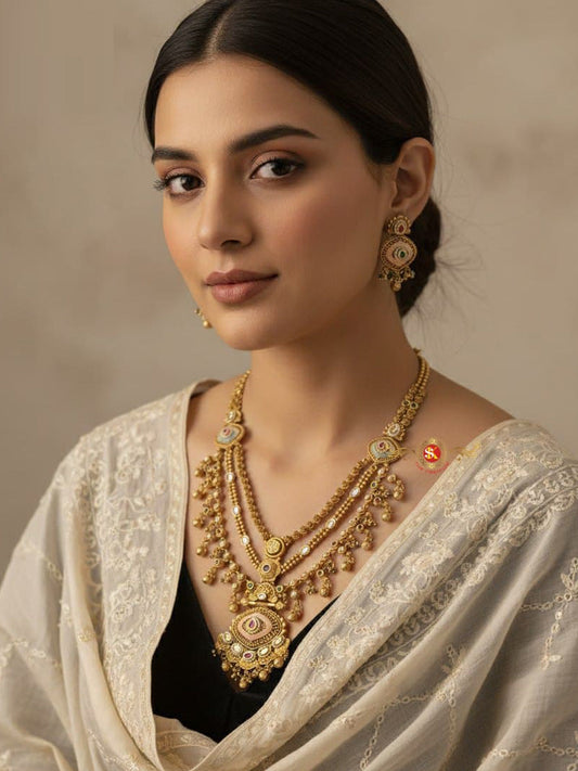 Women Antique Brass Kundan Rani Haar Necklace Jewelry Set -20222