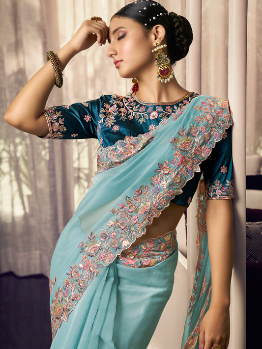 Embroidered Itailan Silk Bridal Traditional Saree In Blue Color-81720