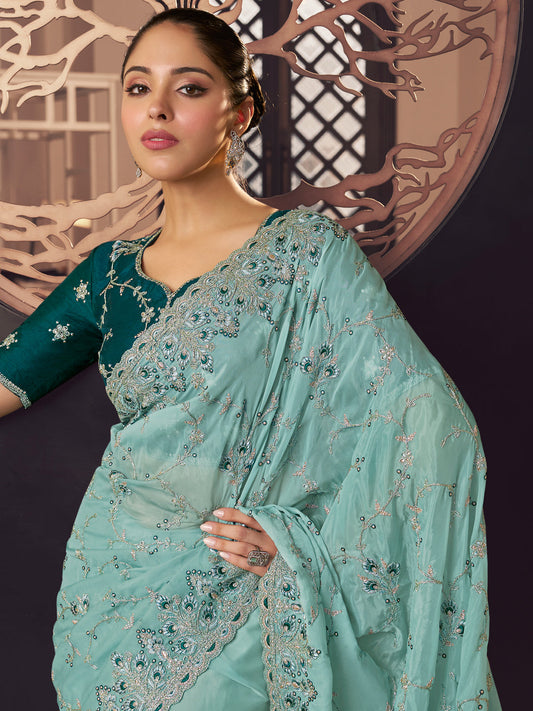 Embroidered Georgette Bridal Traditional Saree In Blue Color-81732