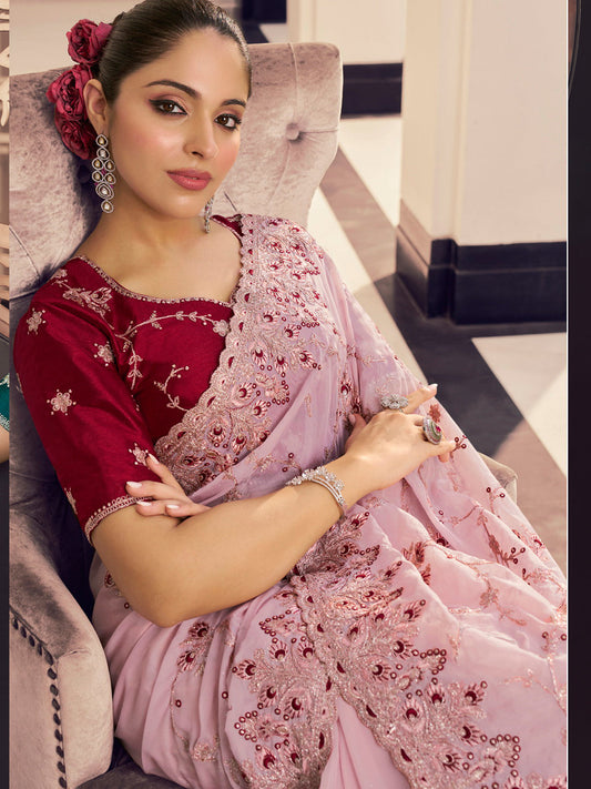 Embroidered Georgette Bridal Traditional Saree In Purple Color-81733