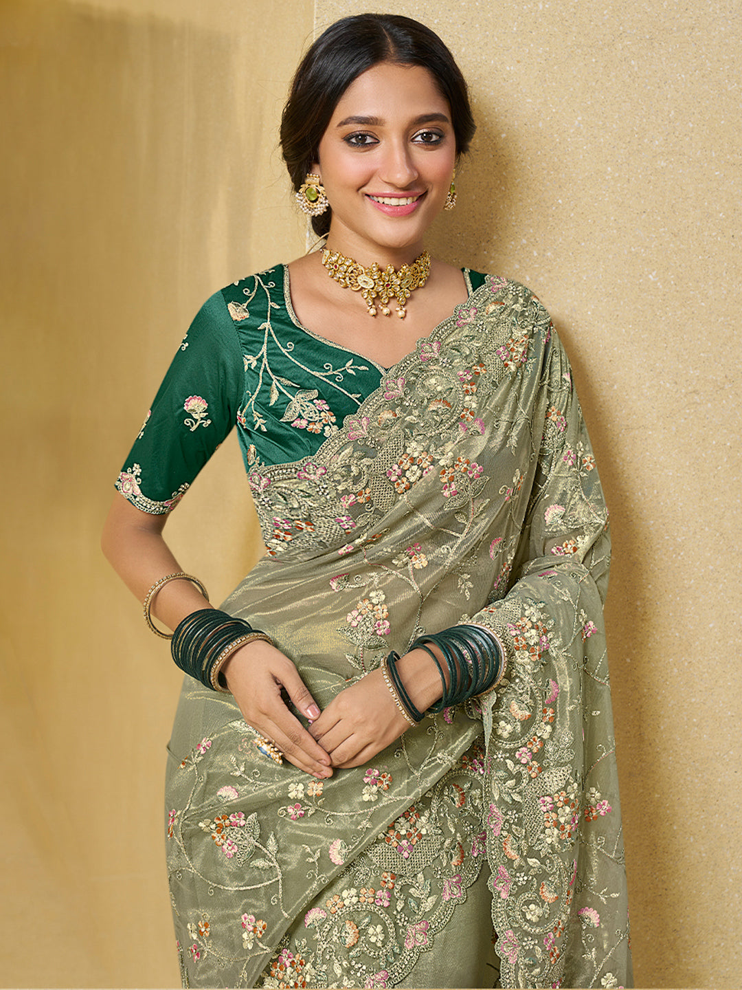 Embroidered Georgette Bridal Traditional Saree In Green Color-81735