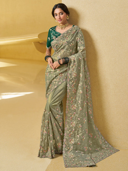 Embroidered Georgette Bridal Traditional Saree In Green Color-81735