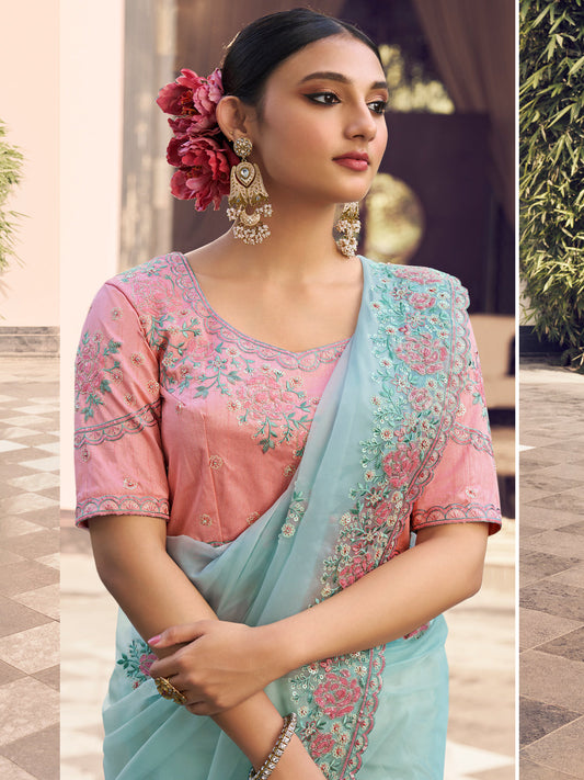 Embroidered Satin Bridal Traditional Saree In Blue Color-81736