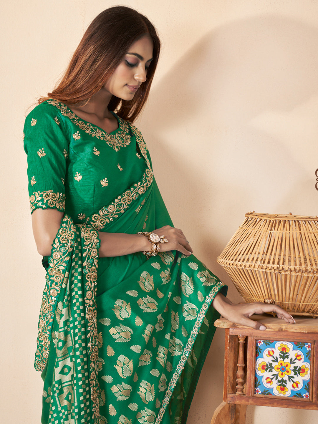 Jari Bhagalpuri Silk Traditional Saree In Green-81497