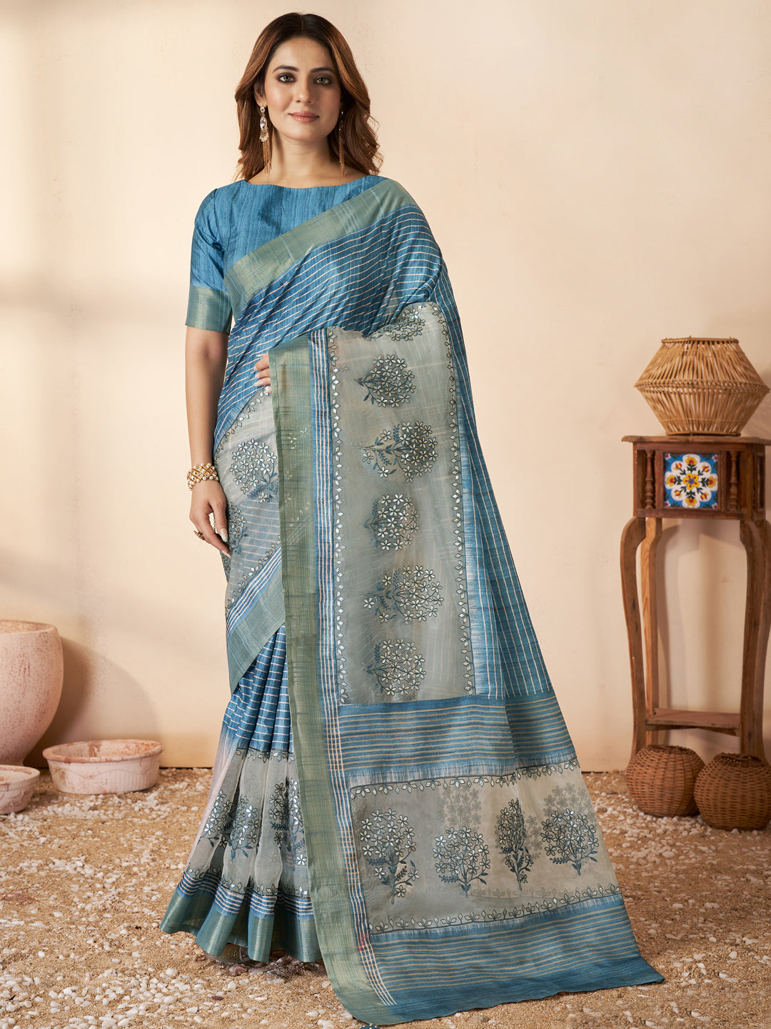 Jari Bhagalpuri Silk Traditional Saree In Gray-81499