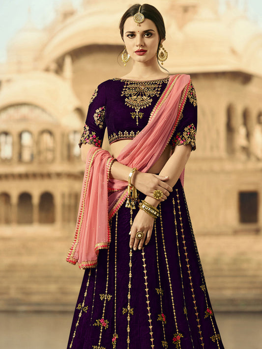 Embroidered Velvet Sangeet, festive Lehenga in Purple color-82093
