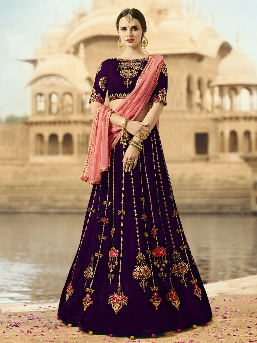 Embroidered Velvet Sangeet, festive Lehenga in Purple color-82093