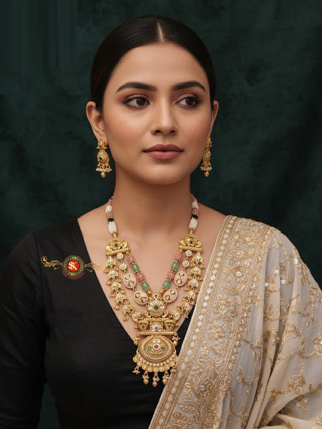 Women Antique Brass Kundan Rani Haar Necklace Jewelry Set -20230