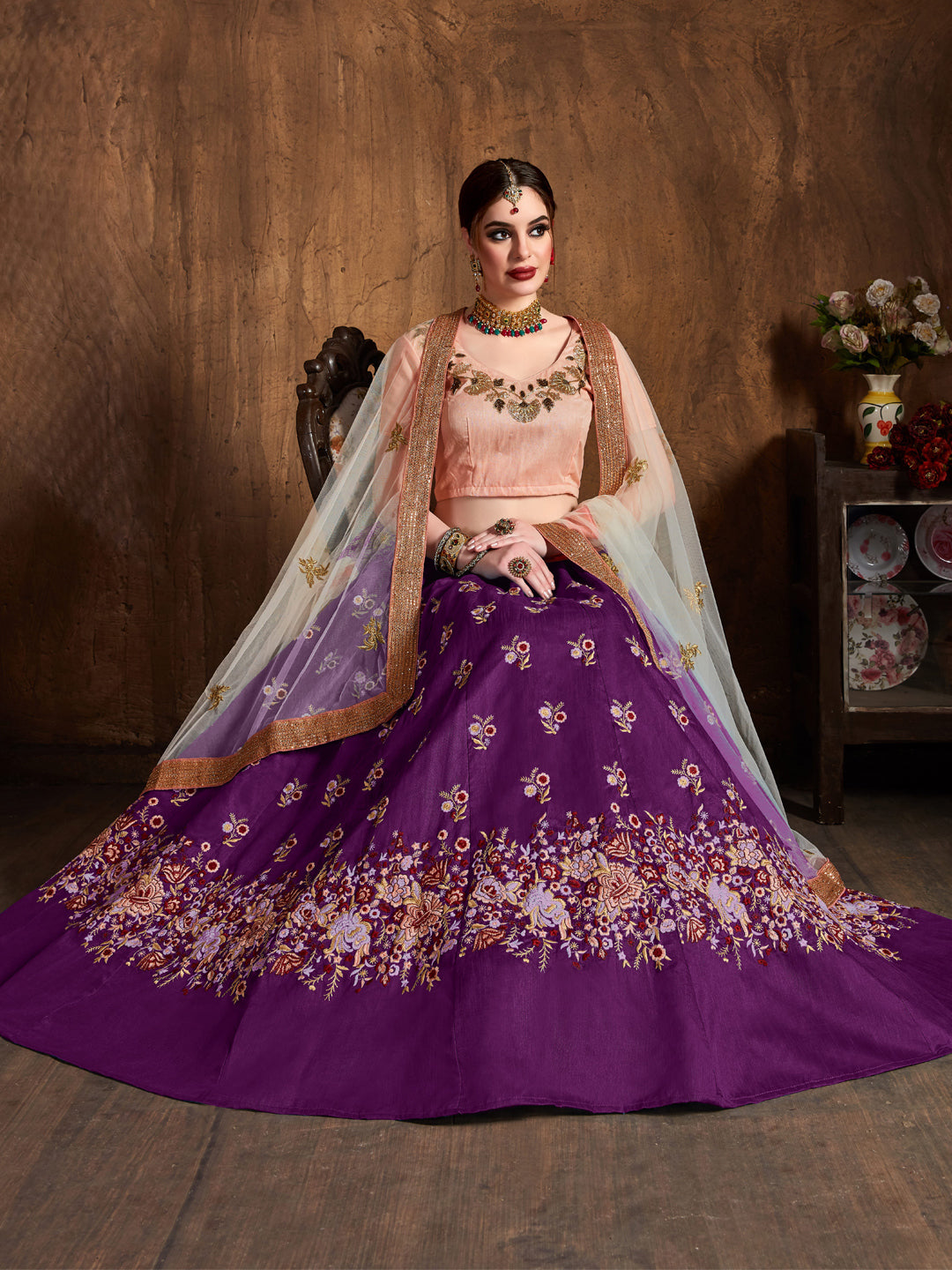 Raw Silk Engagement Sangeet Lehenga with Embroidered work in Purple color-82100