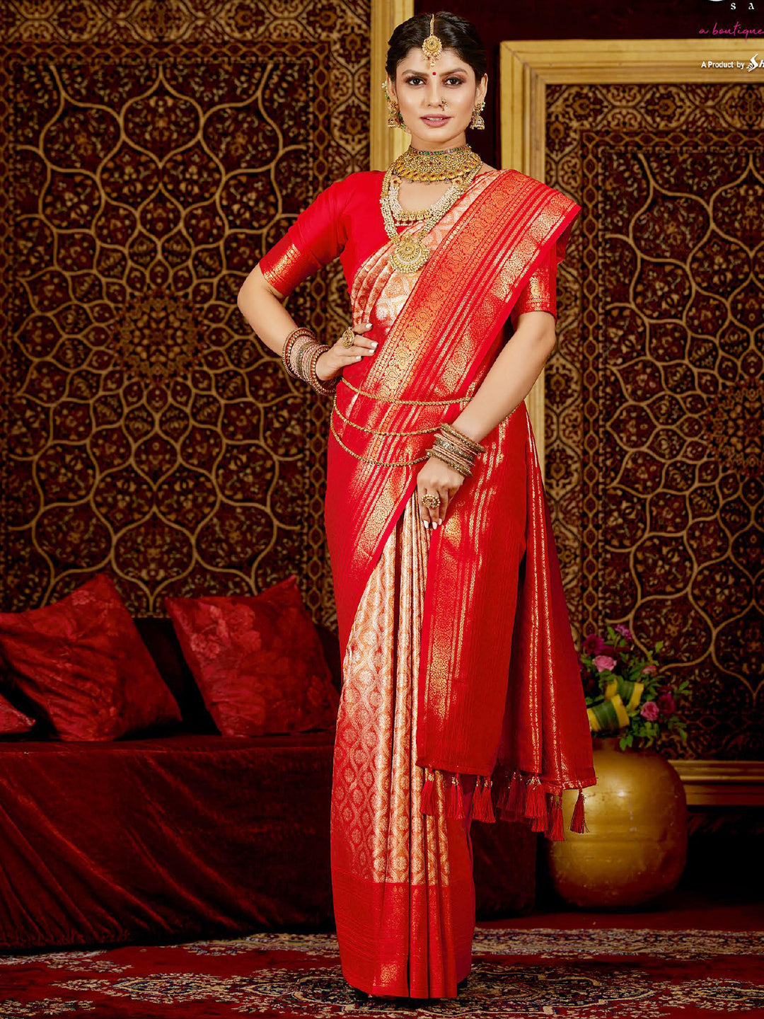 Weaving Pure Kanjivaram Soft Silk Rich Pallu Traditional Saree In Red Color-81368