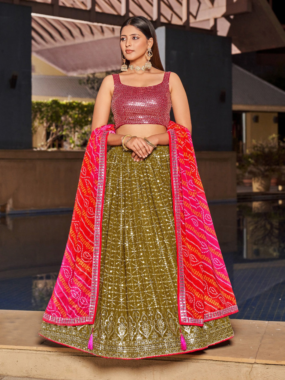 Georgette Traditional Reception Semi-Stitched Lehenga Choli In Green color-40986