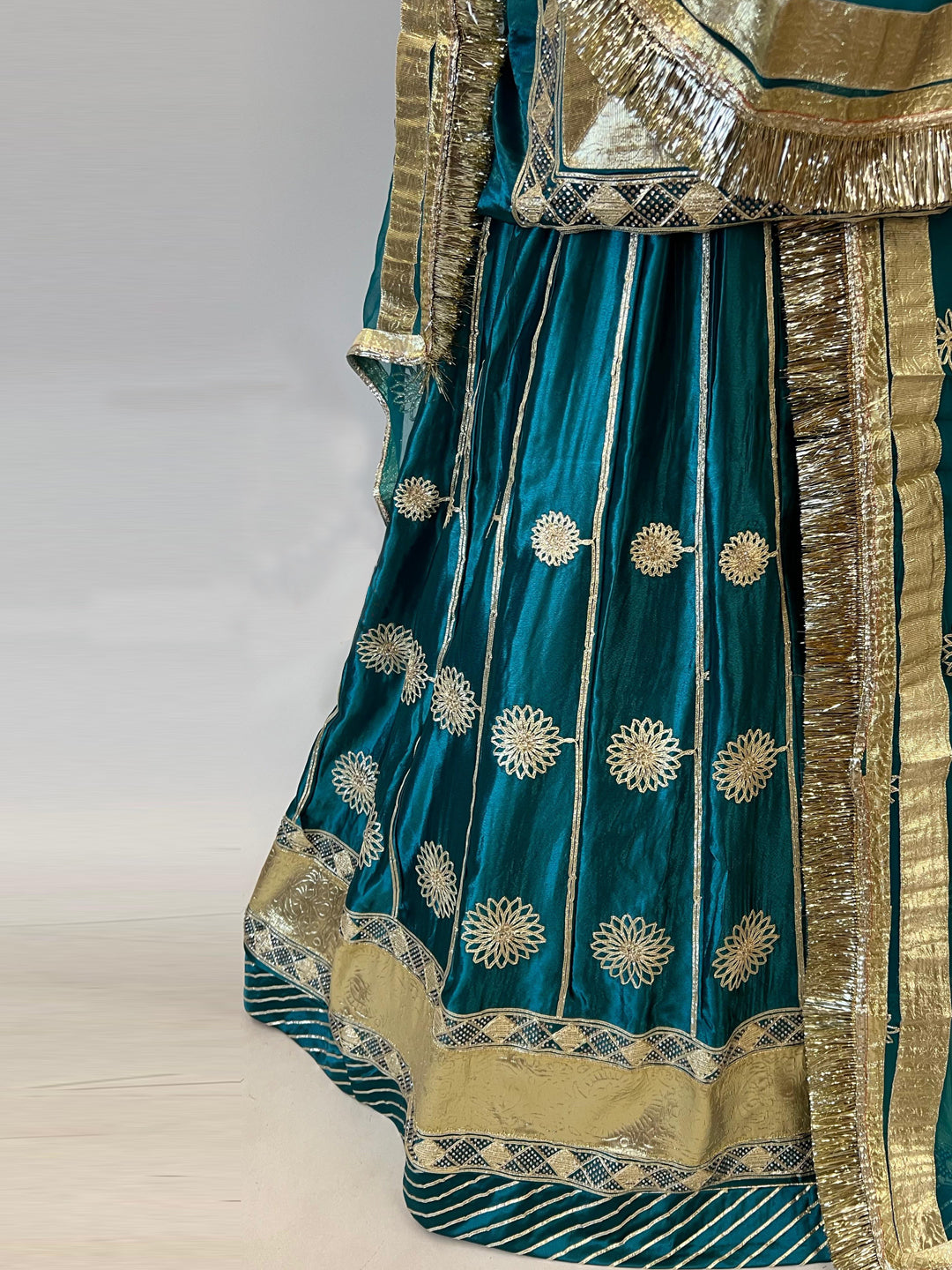 4 Meter full Gher Heavy Satin Wedding Sangeet Rajputi Poshak with Gota and Siroshi Work In Blue color-91340