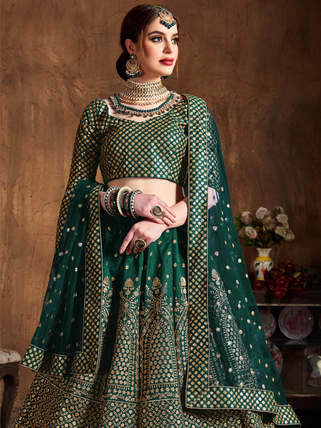 Raw Silk Engagement Sangeet Lehenga with Embroidered work in Green color-82106