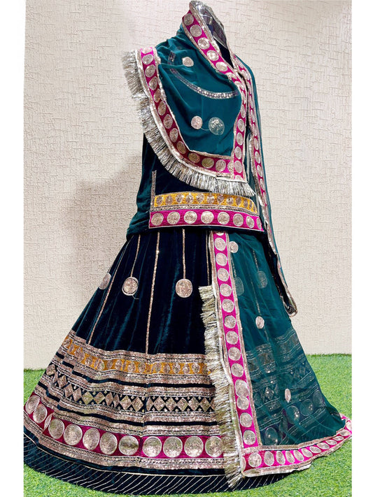 Velvet wedding Sangeet Sequence work Rajputi Poshak In Green Color-82015
