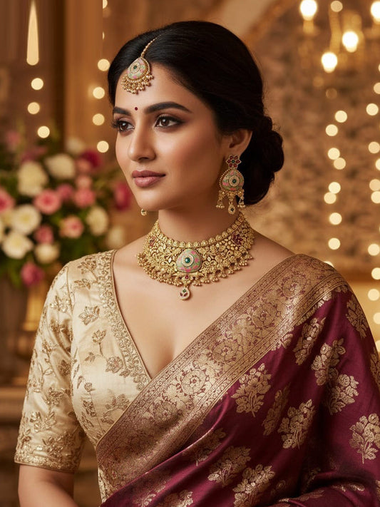 Women Antique Brass Kundan Necklace Jewelry Set -20186