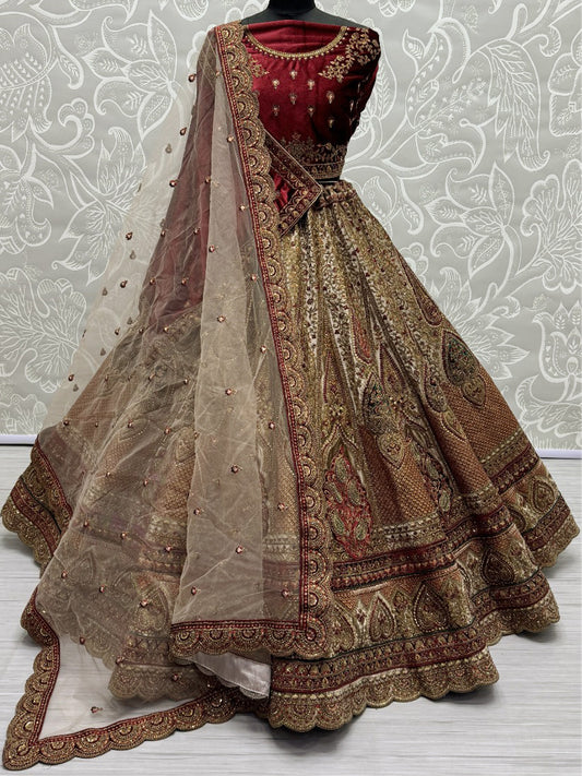 Velvet Bridal Lehenga Choli with Double Dupatta With Embroidered work in Red color-91060