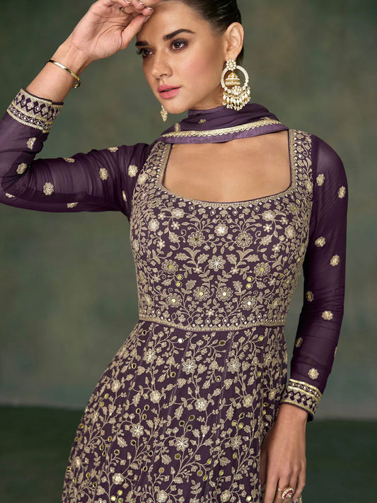 Women Georgette Silk Mirror Anarkali Gown & Dupatta Set-750031