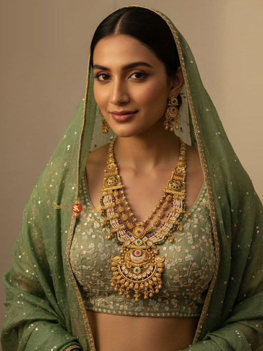 Women Antique Brass Kundan Rani Haar Necklace Jewelry Set -20240