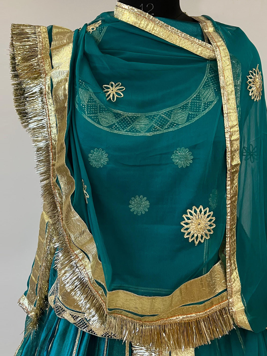 4 Meter full Gher Heavy Satin Wedding Sangeet Rajputi Poshak with Gota and Siroshi Work In Blue color-91340