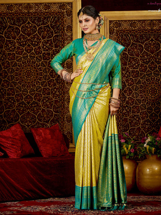 Weaving Pure Kanjivaram Soft Silk Rich Pallu Traditional Saree In Yellow Color-81369