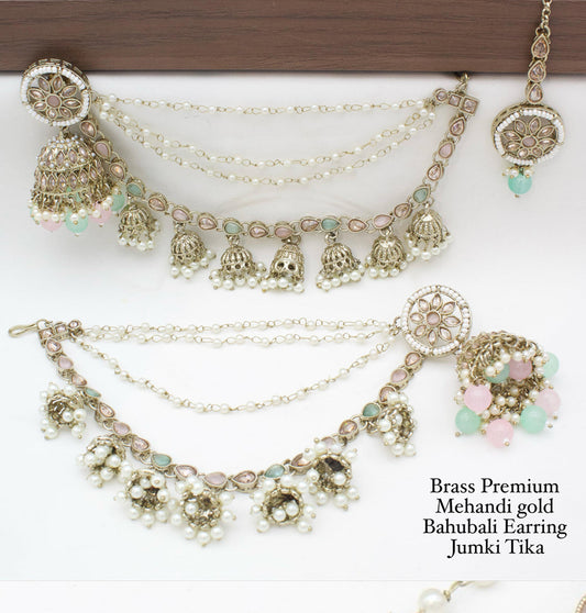 Brass Premium quality Mehandi Gold Bahubali Earring jumki tika set-301143