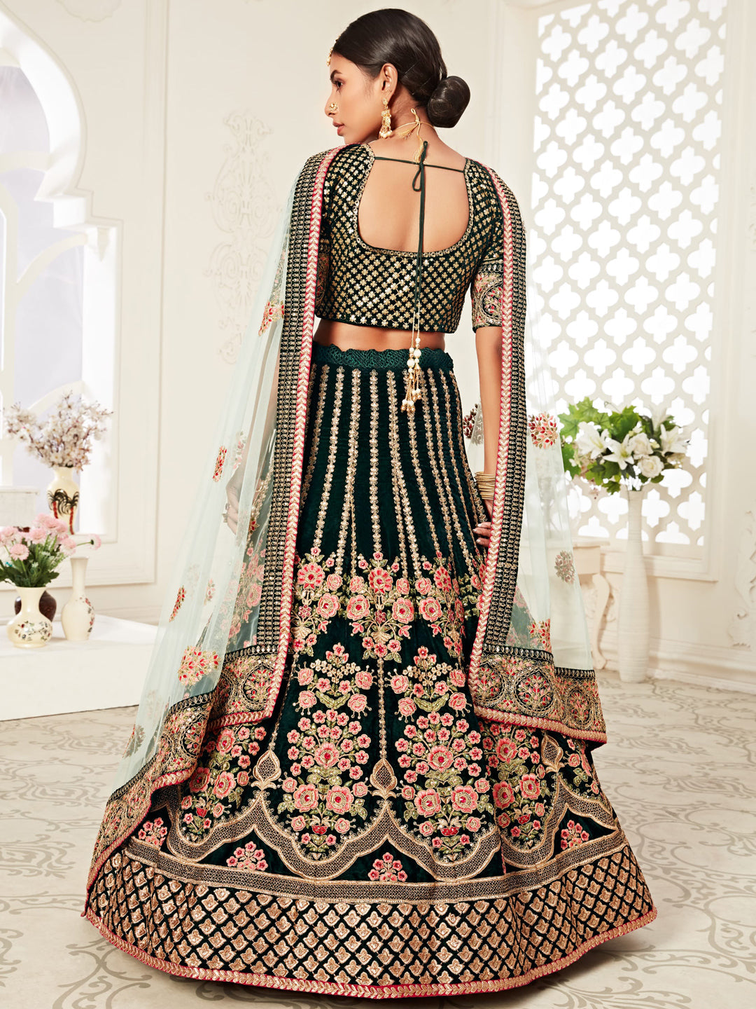Velvet Bridal Lehenga with Embroidered work in Green color-82120