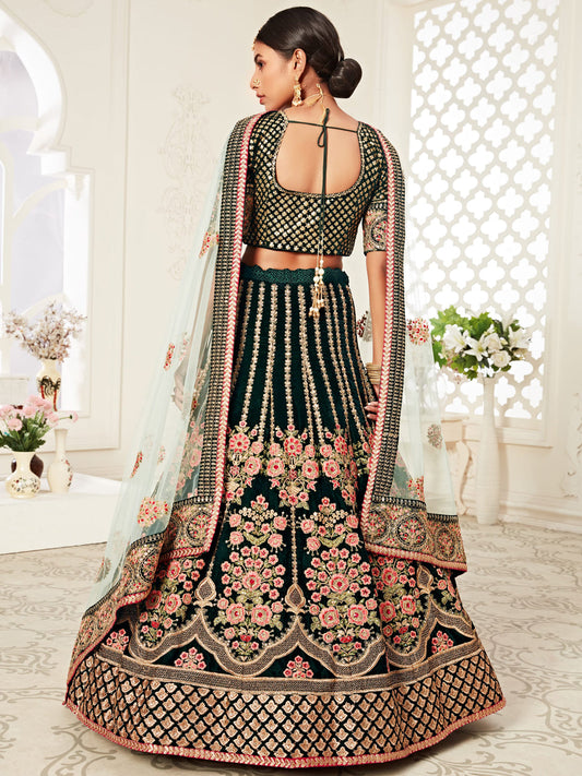 Velvet Bridal Lehenga with Embroidered work in Green color-82120