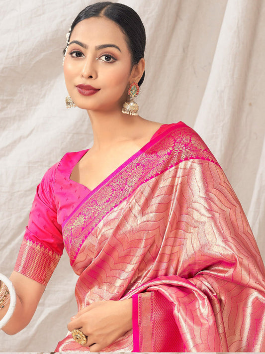 Weaving Pure Kanjivaram Soft Silk Rich Pallu Traditional Saree In Pink Color-81103