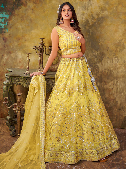 Embroidered Net Partywear Lehenga in Yellow-91023
