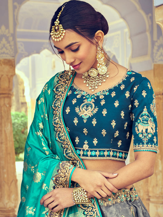 Embroidered Silk Jacquard Wedding Lehenga in Blue-91013
