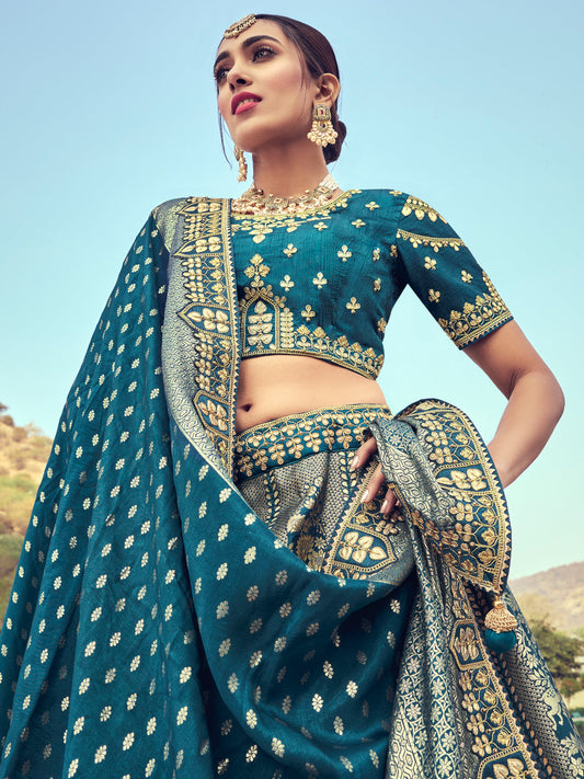 Embroidered Silk Jacquard Wedding Lehenga in Blue-91012