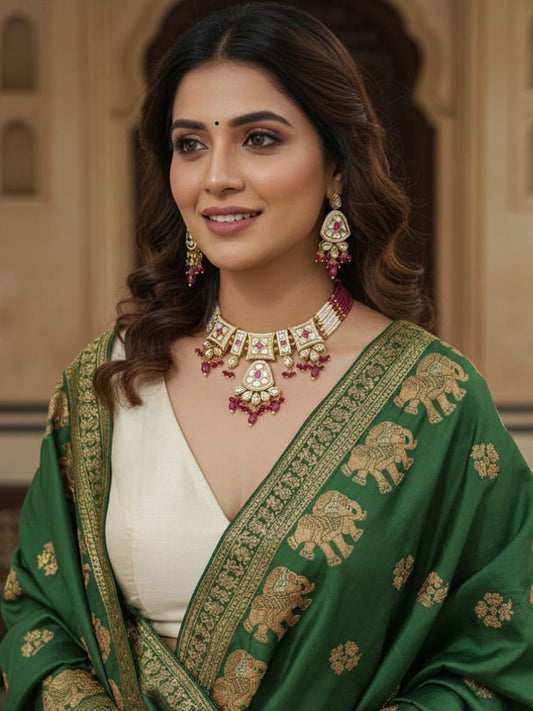 Women Antique Brass Kundan Rani Haar Necklace Jewelry Set -20244