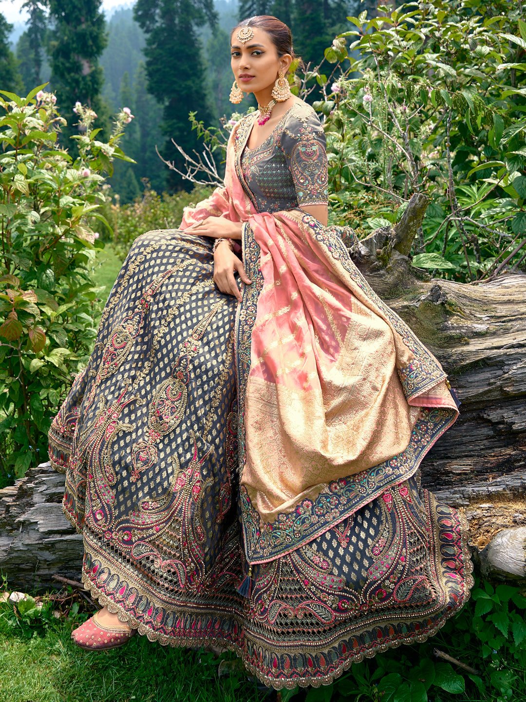 Silk Wedding Lehenga with Zari work  in Grey-81685