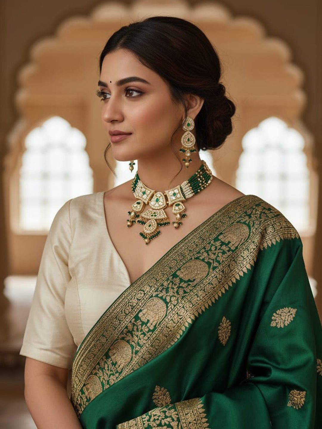 Women Antique Brass Kundan Necklace Jewelry Set -20249