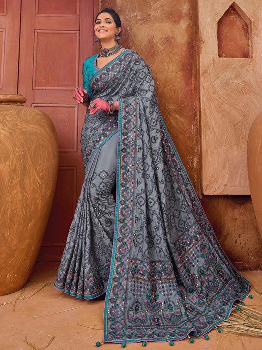 Pure Kachhi Banarasi Silk Traditional Bridal Saree In Gray Color-81506