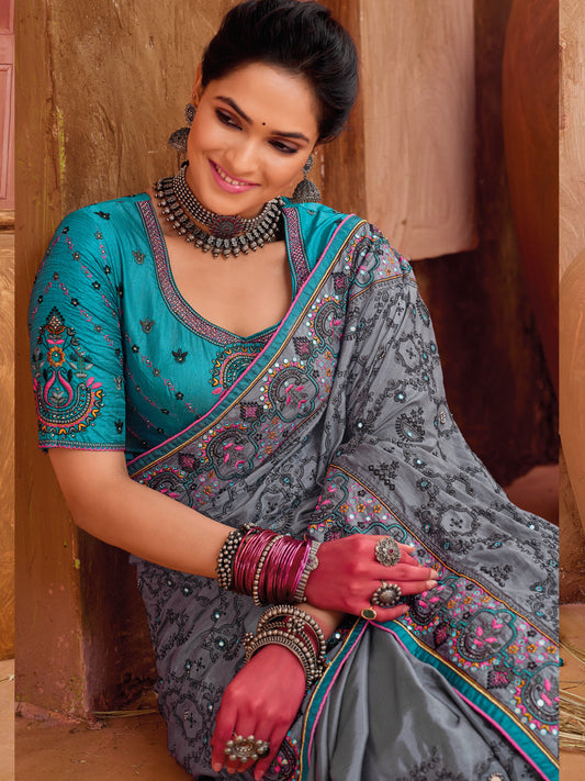 Pure Kachhi Banarasi Silk Traditional Bridal Saree In Gray Color-81506