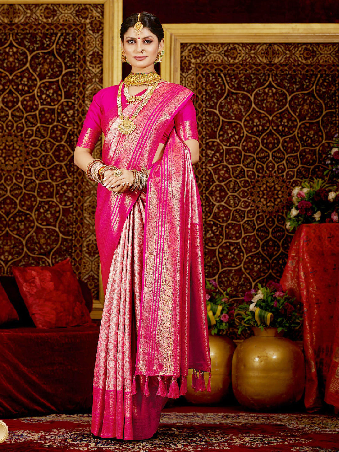 Weaving Pure Kanjivaram Soft Silk Rich Pallu Traditional Saree In Pink Color-81370