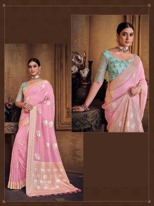 Zari Fancy Partywear South Indian wedding Saree In Pink Color-81612