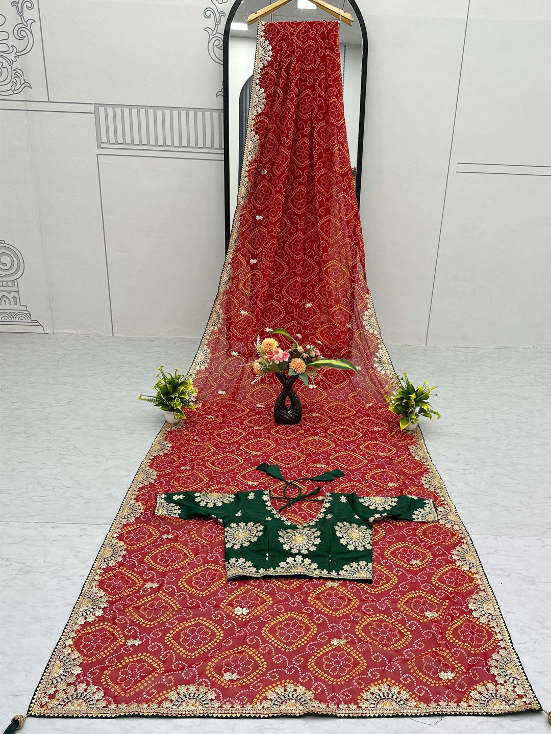 Georgette with Bandhej Printed Sequence work Saree in Red color-41023