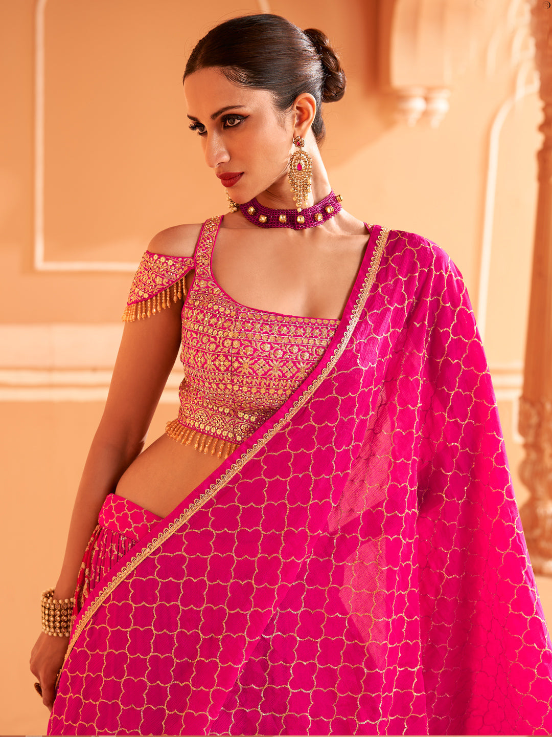 Embroidered Georgette Chinon Silk Sangeet Mehedi Lehenga in Pink Color-81529