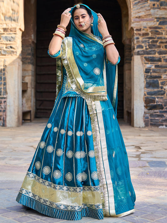 4 Meter full Gher Heavy Satin Wedding Sangeet Rajputi Poshak with Gota and Siroshi Work In Blue color-91340