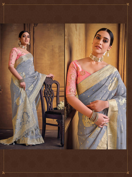Zari Fancy Partywear South Indian wedding Saree In Grey Color-81613