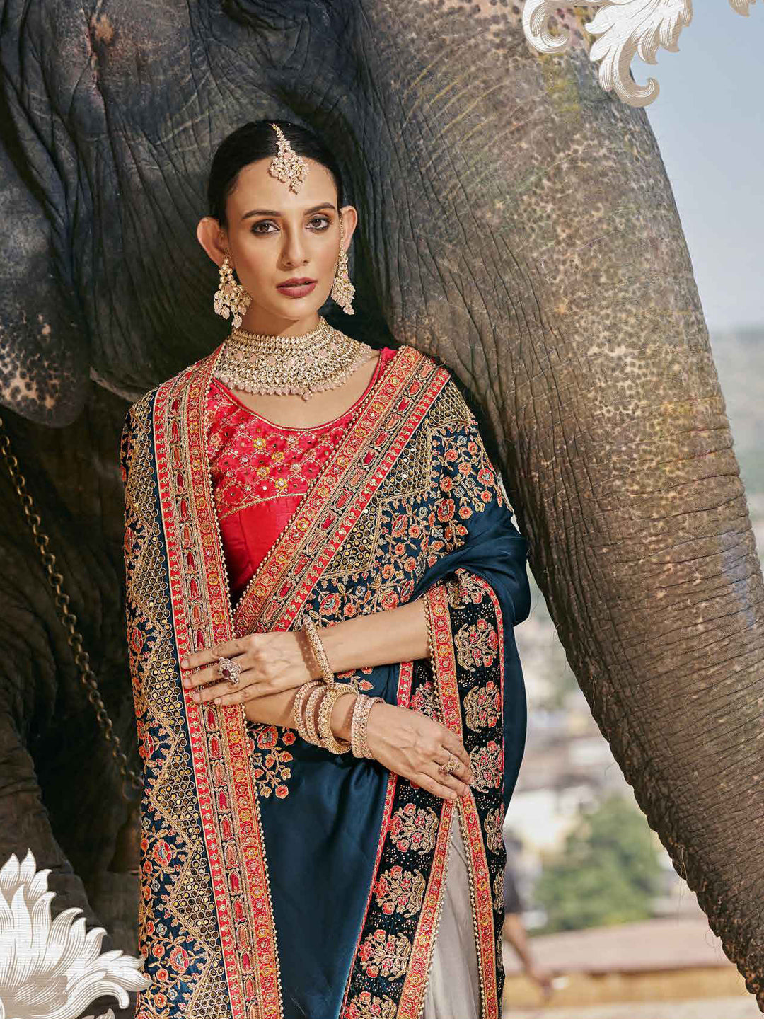 Embroidered Blooming Satin Bafi Traditional Partywear Saree In Blue Color-81667