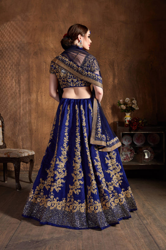 Raw Silk Engagement Sangeet Lehenga with Embroidered work in Blue color-82107