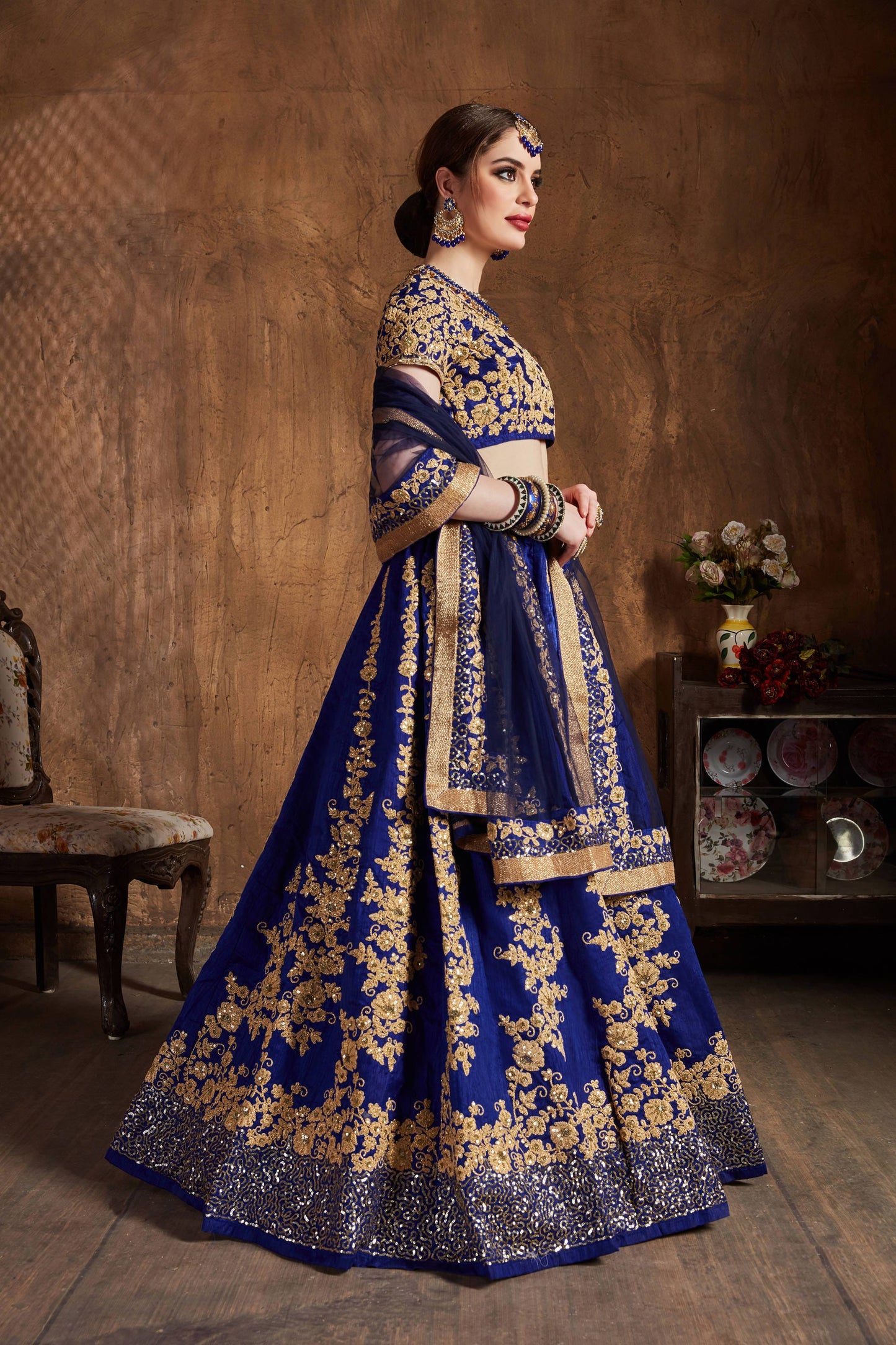 Raw Silk Engagement Sangeet Lehenga with Embroidered work in Blue color-82107