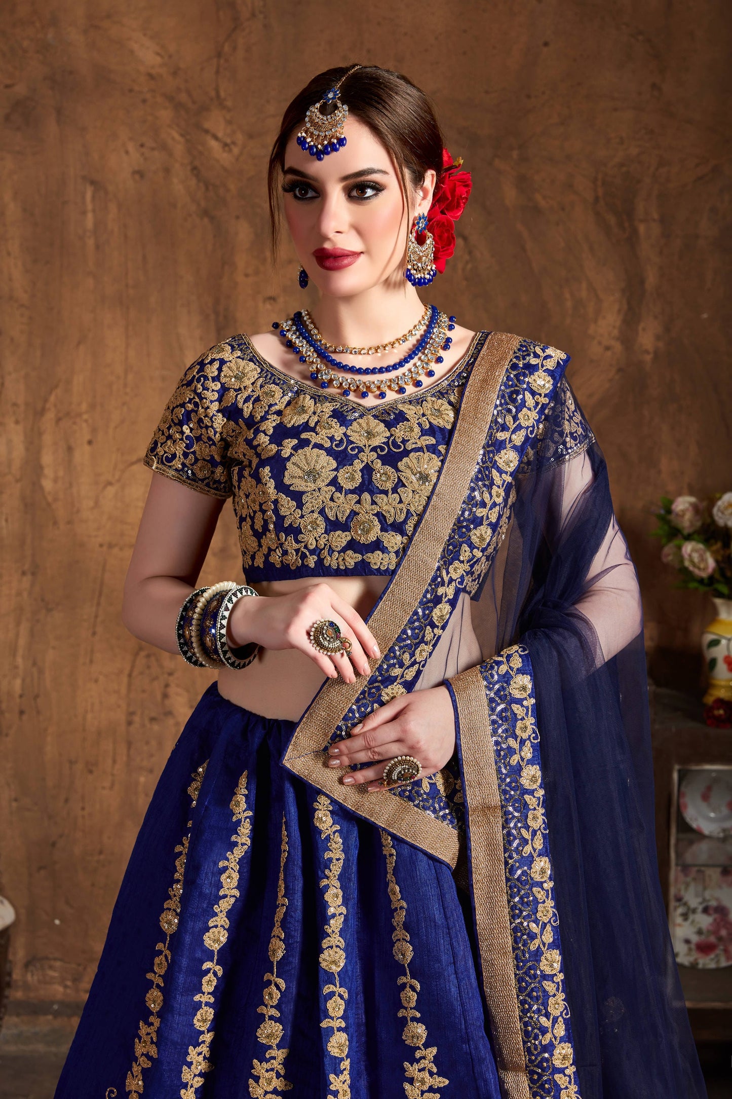 Raw Silk Engagement Sangeet Lehenga with Embroidered work in Blue color-82107