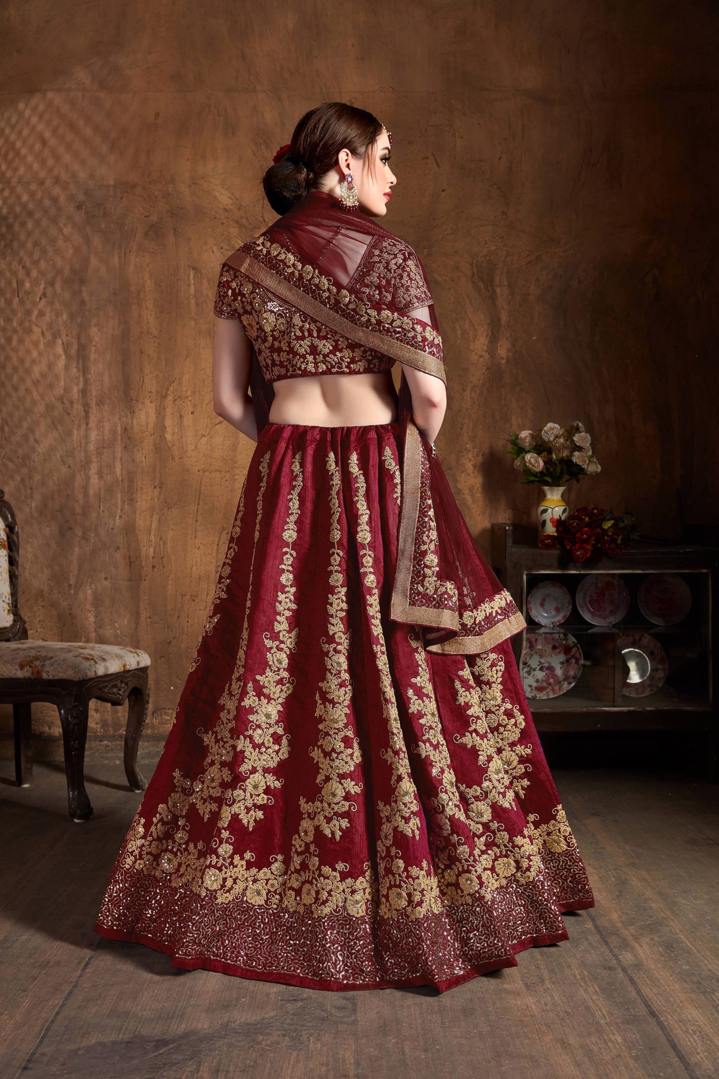 Raw Silk Engagement Sangeet Lehenga with Embroidered work in Maroon color-82108